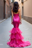 Fuchsia Mermaid Lång Axelbandslös Balklänning med Volanger