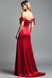 Röd Off The Shoulder Satin Lång Balklänning med slits