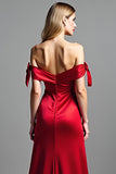 Röd Off The Shoulder Satin Lång Balklänning med slits