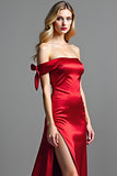 Röd Off The Shoulder Satin Lång Balklänning med slits