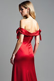 Röd Off The Shoulder Satin Lång Balklänning med slits