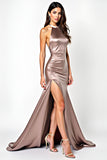 Dusty Rose Mermaid Halter Satin Balklänning med slits