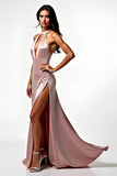 Rodnande Satin Halter Backless Prom Klänning med sidoslits