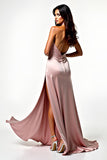 Rodnande Satin Halter Backless Prom Klänning med sidoslits