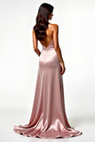 Rodnande Satin Halter Backless Prom Klänning med sidoslits