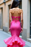 Fuchsia Satin Mermaid Axelbandslös Balklänning med volang Hem