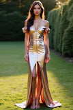 Metallic Rose Golden Off the Shoulder Bal Klänning med Främre Slits