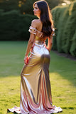 Metallic Rose Golden Off the Shoulder Bal Klänning med Främre Slits