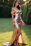 Metallic Rose Golden Off the Shoulder Bal Klänning med Främre Slits