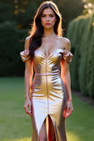 Metallic Rose Golden Off the Shoulder Bal Klänning med Främre Slits