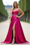 Fuchsia Axelbandslös A Line Balklänning Med Spalt