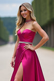 Fuchsia Axelbandslös A Line Balklänning Med Spalt
