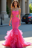Fuchsia Sjöjungfru Axelbandslös Cut Out Ruffled Prom Klänning