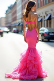 Fuchsia Sjöjungfru Axelbandslös Cut Out Ruffled Prom Klänning