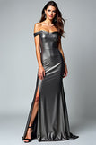 Mörkgrå Off The Shoulder Metallic Satin Formell Klänning Med Slits