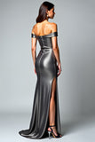 Mörkgrå Off The Shoulder Metallic Satin Formell Klänning Med Slits