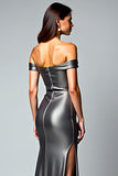 Mörkgrå Off The Shoulder Metallic Satin Formell Klänning Med Slits