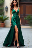 Mörkgrön A Line Spaghetti Straps Satin Lång Prom Klänning Med Spalt