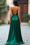 Mörkgrön A Line Spaghetti Straps Satin Lång Prom Klänning Med Spalt