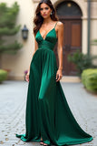 Mörkgrön A Line Spaghetti Straps Satin Lång Prom Klänning Med Spalt
