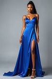 Royal Blue A Line Spaghetti Straps Lång Satin Bal Klänning
