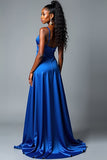 Royal Blue A Line Spaghetti Straps Lång Satin Bal Klänning