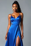Royal Blue A Line Spaghetti Straps Lång Satin Bal Klänning