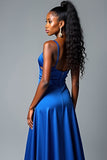 Royal Blue A Line Spaghetti Straps Lång Satin Bal Klänning