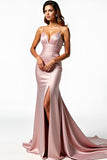 Dusty Rose Spaghetti Straps Mermaid veckad balklänning med slits