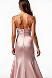 Dusty Rose Spaghetti Straps Mermaid veckad balklänning med slits