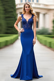 Royal Blue Appliqued Mermaid V-ringad mor till brud klänning