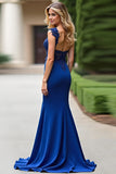 Royal Blue Appliqued Mermaid V-ringad mor till brud klänning