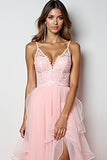 Rodnande Rosa En linje Spaghetti Straps Lång Balklänning Med Ruffles