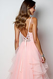 Rodnande Rosa En linje Spaghetti Straps Lång Balklänning Med Ruffles