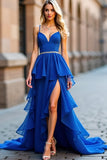 Royal Blue A-linje Spaghetti Remmar Volanger Beading Lång Balklänning med slits