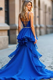 Royal Blue A-linje Spaghetti Remmar Volanger Beading Lång Balklänning med slits