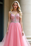 Rosa A-linje Spaghetti Straps Tyll Lång Balklänning med Beading