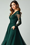 Pine A Line V Neck Lace Lång Balklänning med långa ärmar