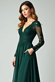 Pine A Line V Neck Lace Lång Balklänning med långa ärmar