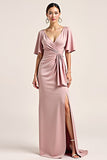 Dusty Rose V-ringad Satin Halvärmar Lång Brudtärna Klänning med Slits