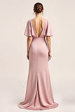 Dusty Rose V-ringad Satin Halvärmar Lång Brudtärna Klänning med Slits