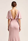 Dusty Rose V-ringad Satin Halvärmar Lång Brudtärna Klänning med Slits
