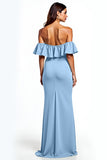Dammig Blå Sjöjungfru Ruffle Off The Shoulder Lång Bröllop Gäst Klänning Med Slits