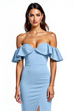 Dammig Blå Sjöjungfru Ruffle Off The Shoulder Lång Bröllop Gäst Klänning Med Slits