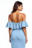 Dammig Blå Sjöjungfru Ruffle Off The Shoulder Lång Bröllop Gäst Klänning Med Slits