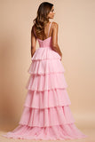 Rodnande Rosa Spaghetti Straps Tiered Lång Prom Klänning Med Ruffles