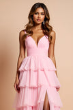 Rodnande Rosa Spaghetti Straps Tiered Lång Prom Klänning Med Ruffles