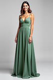 En linje Chiffong Eucalyptus Rynkad Spaghetti Straps Brudtärna Klänning