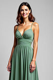 En linje Chiffong Eucalyptus Rynkad Spaghetti Straps Brudtärna Klänning