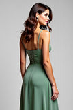 En linje Chiffong Eucalyptus Rynkad Spaghetti Straps Brudtärna Klänning